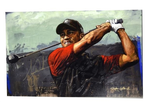 Tiger Woods "Tee Off" Signed Large Stephen Holland Embellished Giclee (Signed by Both) #8/10
